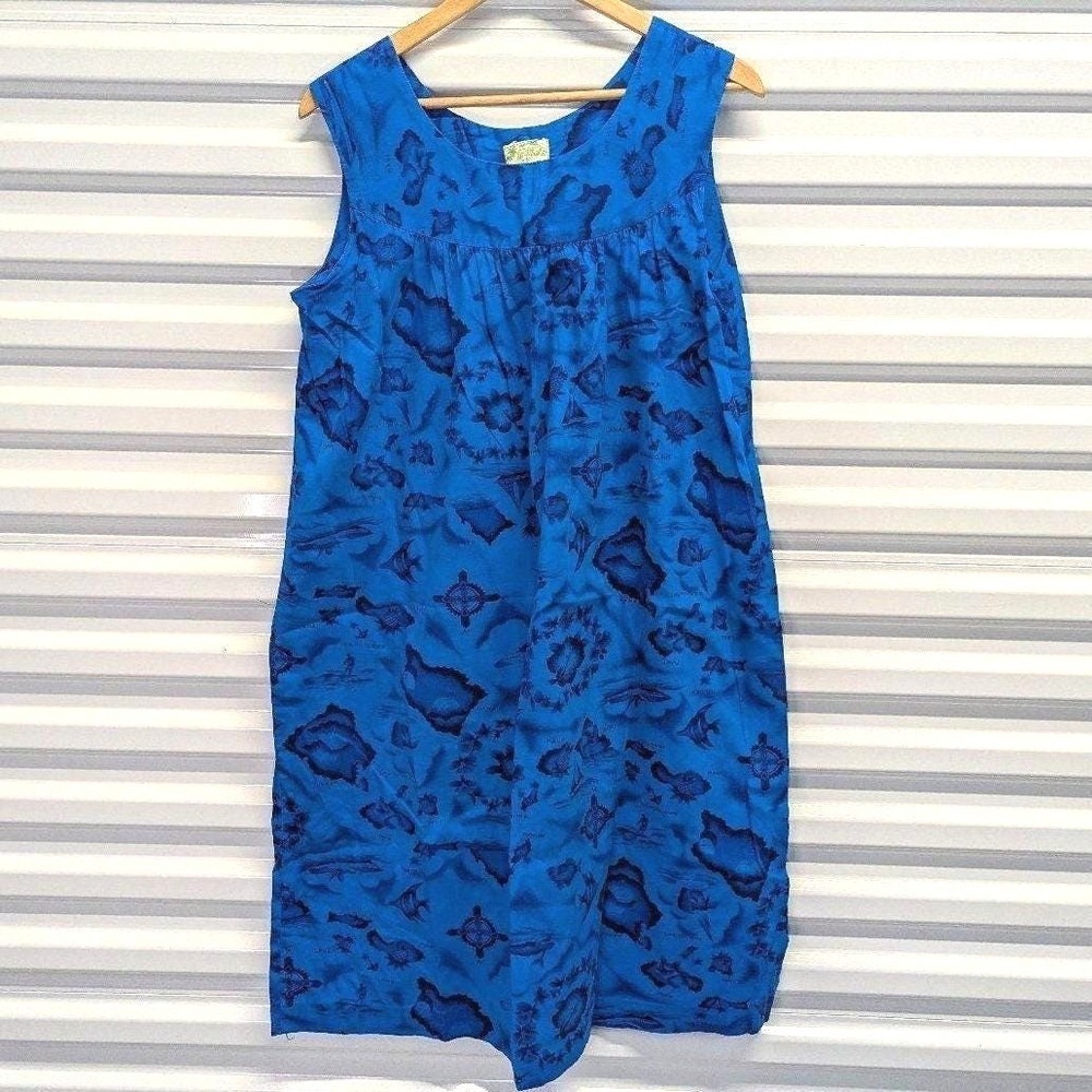 Vintage Hawaiian Tiki Mod Dress Hawaii USA Ui-Maikai Blue Black Gold Tropical